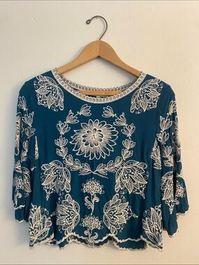 Solitaire Teal Blue Embroidered Blouse